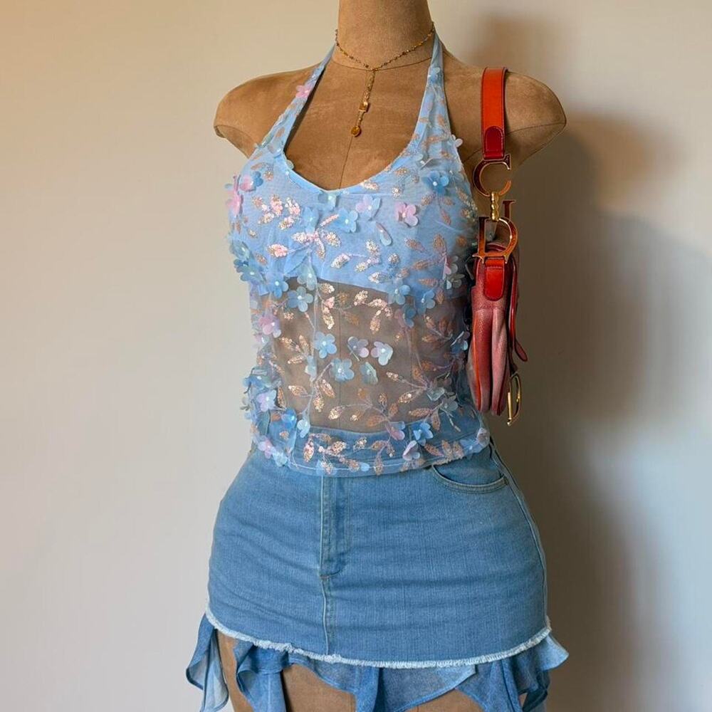 Blue floral mesh halter top